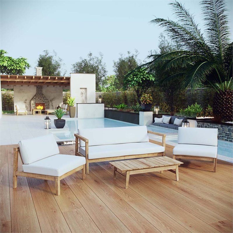 Modway Bayport 4-Piece Wood Patio Armless Sofa Set in Natural and White