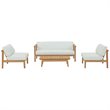 Modway Bayport 4-Piece Wood Patio Armless Sofa Set in Natural and White