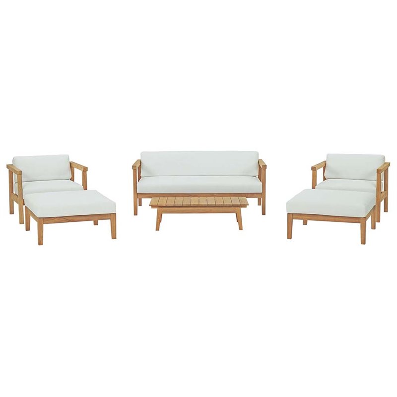 Modway Bayport 6-Piece Wood Patio Sofa Set in Natural and White