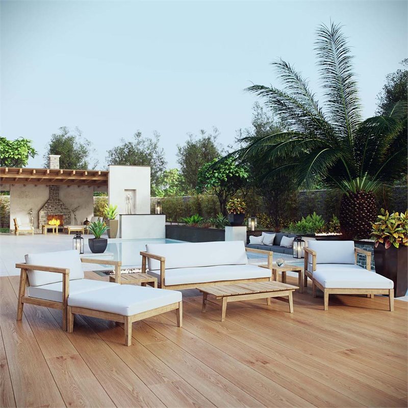 Modway Bayport 8-Piece Wood Patio Sofa Set in Natural and White