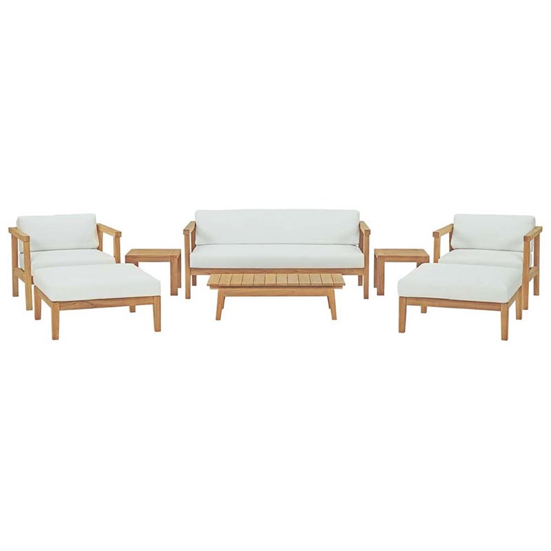 Modway Bayport 8-Piece Wood Patio Sofa Set in Natural and White