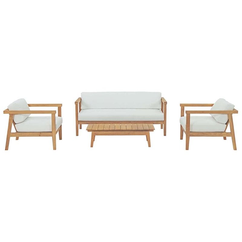 Modway Bayport 4-Piece Wood Patio Sofa Set in Natural and White