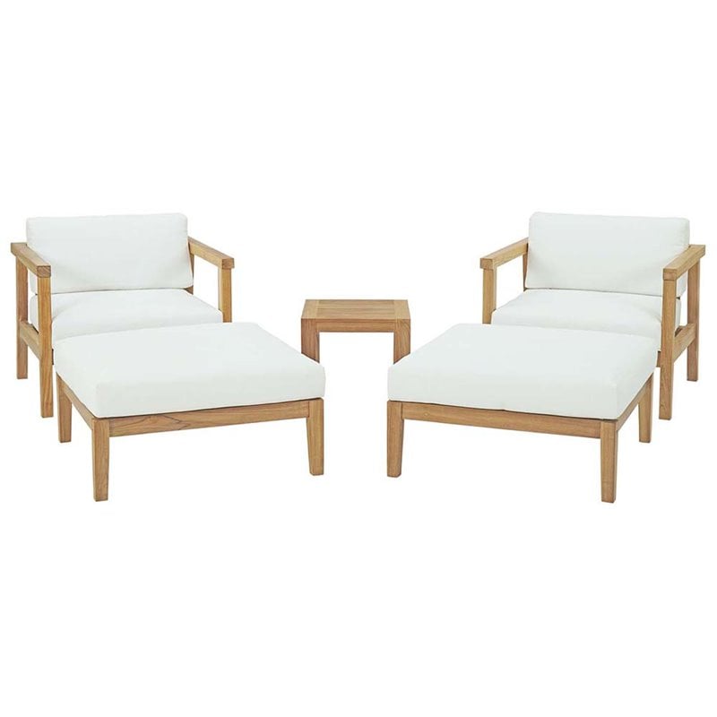 Modway Bayport 5-Piece Wood Patio Conversation Set in Natural and White