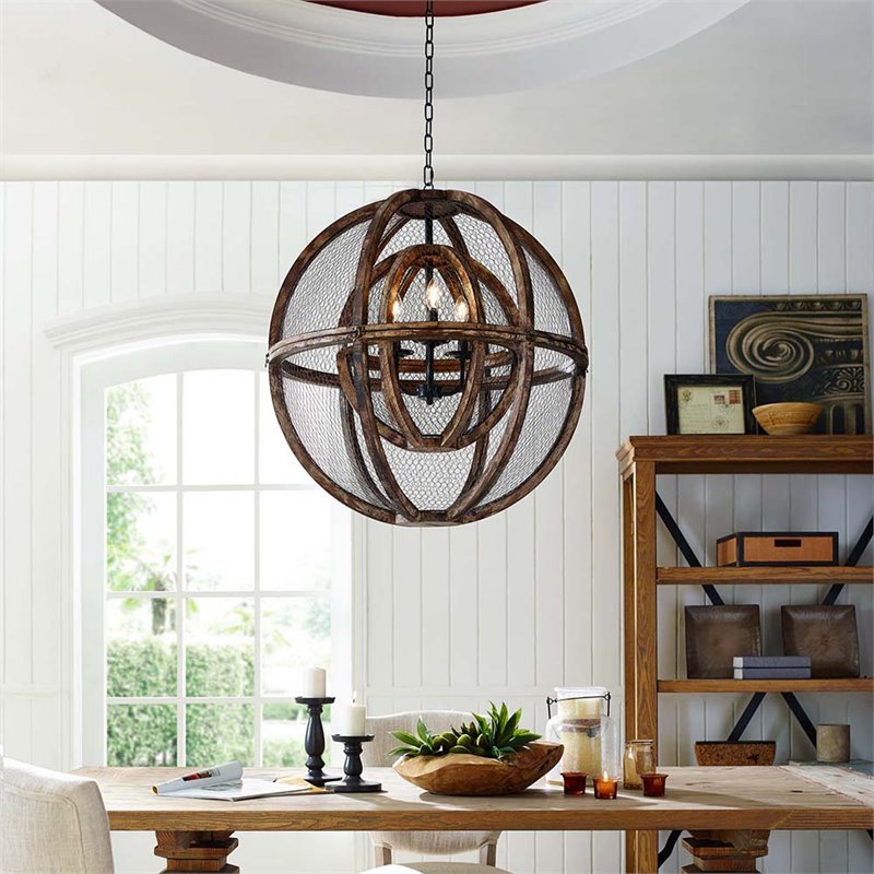 Modway Gravitate 3-Light Oak Wood Globe Chandelier in Black/Brown