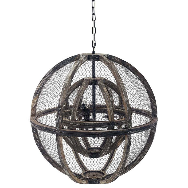 Modway Gravitate 3-Light Oak Wood Globe Chandelier in Black/Brown