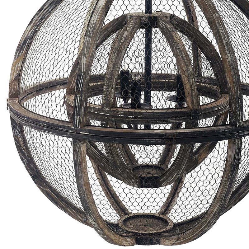 Modway Gravitate 3-Light Oak Wood Globe Chandelier in Black/Brown