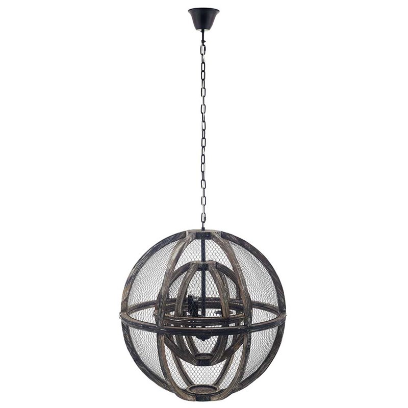 Modway Gravitate 3-Light Oak Wood Globe Chandelier in Black/Brown