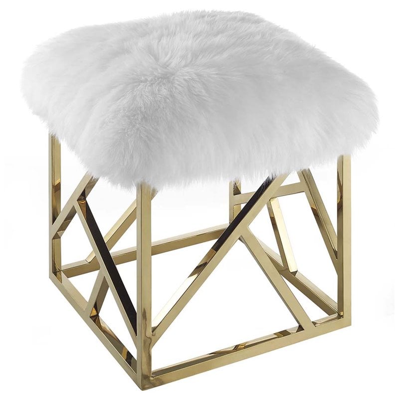 Modway Intersperse Sheepskin Fur & Stainless Steel Ottoman in Gold and White