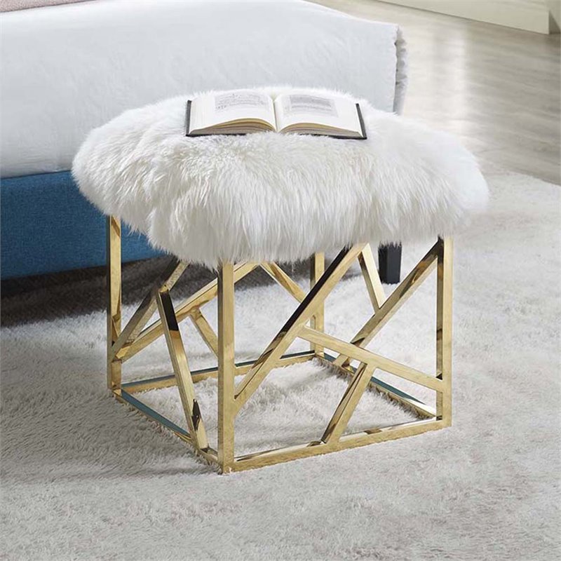 Modway Intersperse Sheepskin Fur & Stainless Steel Ottoman in Gold and White