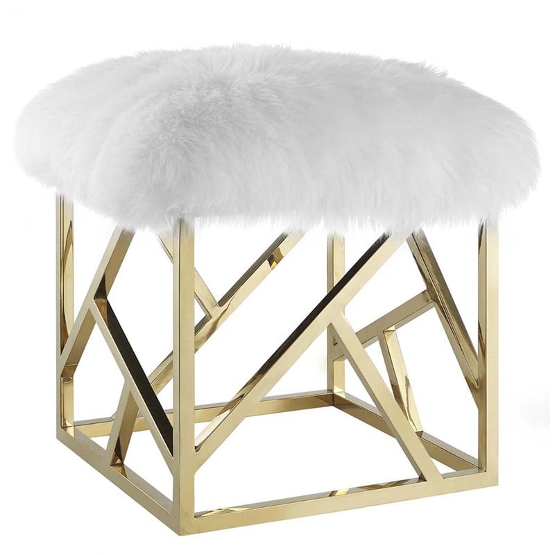 Modway Intersperse Sheepskin Fur & Stainless Steel Ottoman in Gold and White