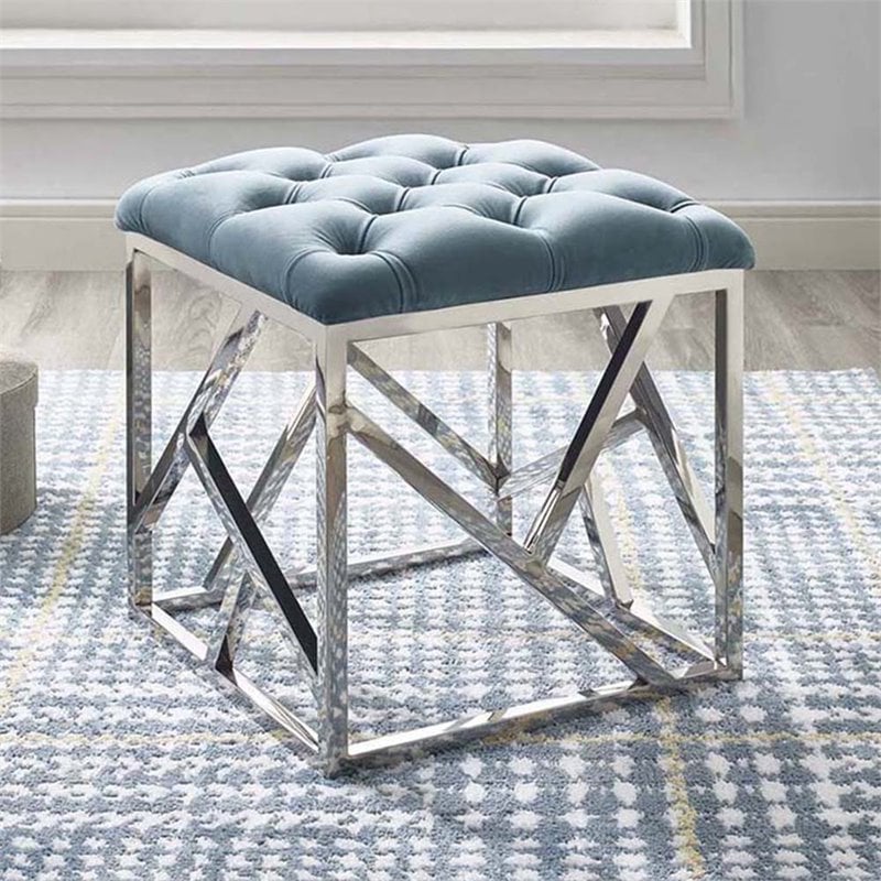 Modway Intersperse Tufted Velvet & Stainless Steel Ottoman in Silver/Sea Blue