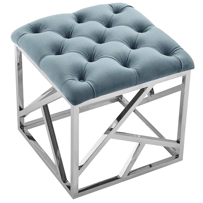 Modway Intersperse Tufted Velvet & Stainless Steel Ottoman in Silver/Sea Blue