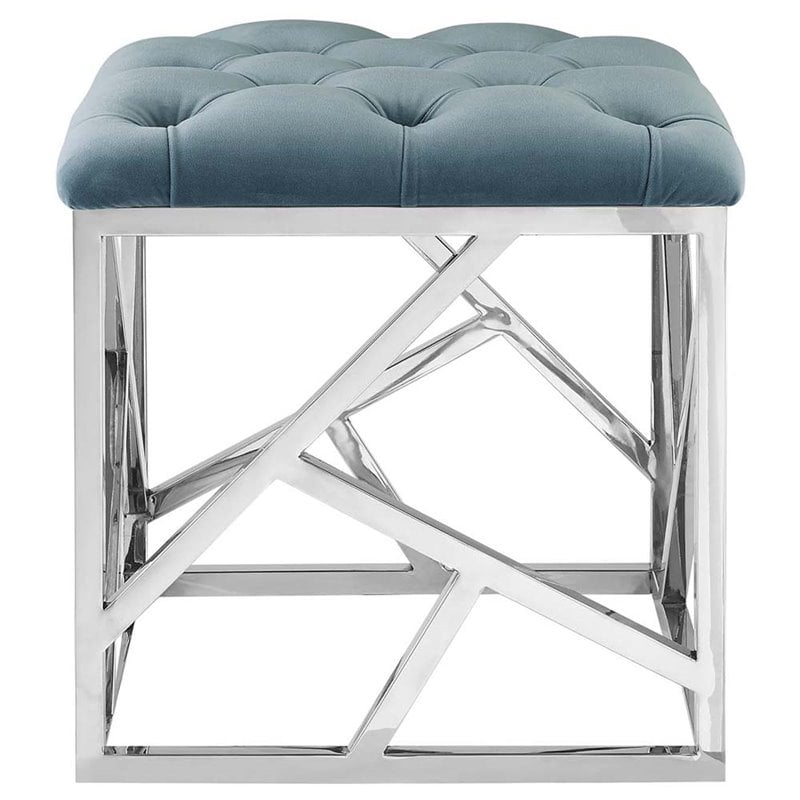 Modway Intersperse Tufted Velvet & Stainless Steel Ottoman in Silver/Sea Blue