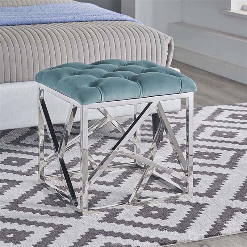 Modway Intersperse Tufted Velvet & Stainless Steel Ottoman in Silver/Sea Blue