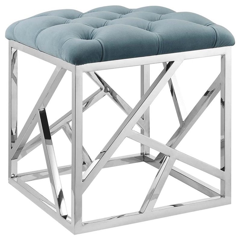 Modway Intersperse Tufted Velvet & Stainless Steel Ottoman in Silver/Sea Blue