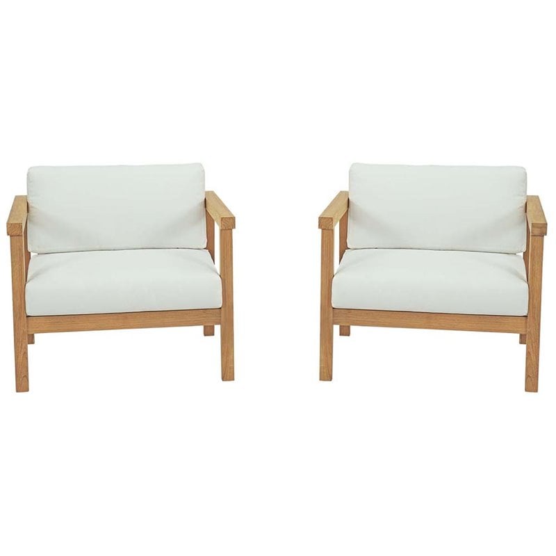 Modway Bayport Teak Wood Patio Chair in Natural and White (Set of 2)