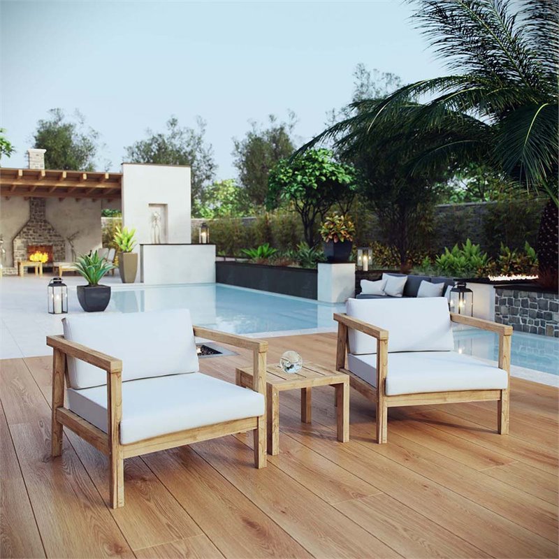 Modway Bayport 3-Piece Teak Wood Patio Conversation Set in Natural and White