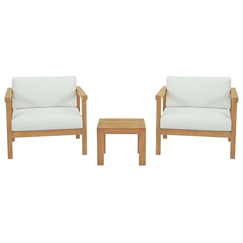 Modway Bayport 3-Piece Teak Wood Patio Conversation Set in Natural and White
