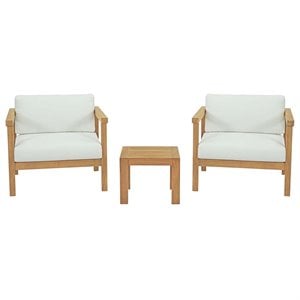 Modway Bayport 3-Piece Teak Wood Patio Conversation Set in Natural and White