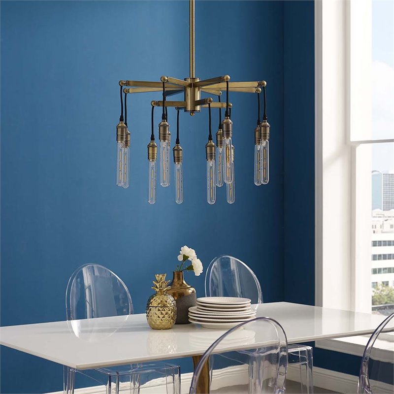 Modway Resolve 12-Light Modern Metal Chandelier in Antique Brass