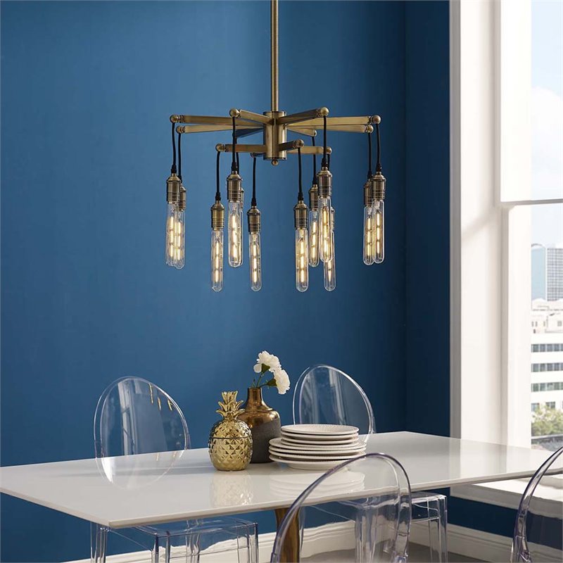 Modway Resolve 12-Light Modern Metal Chandelier in Antique Brass