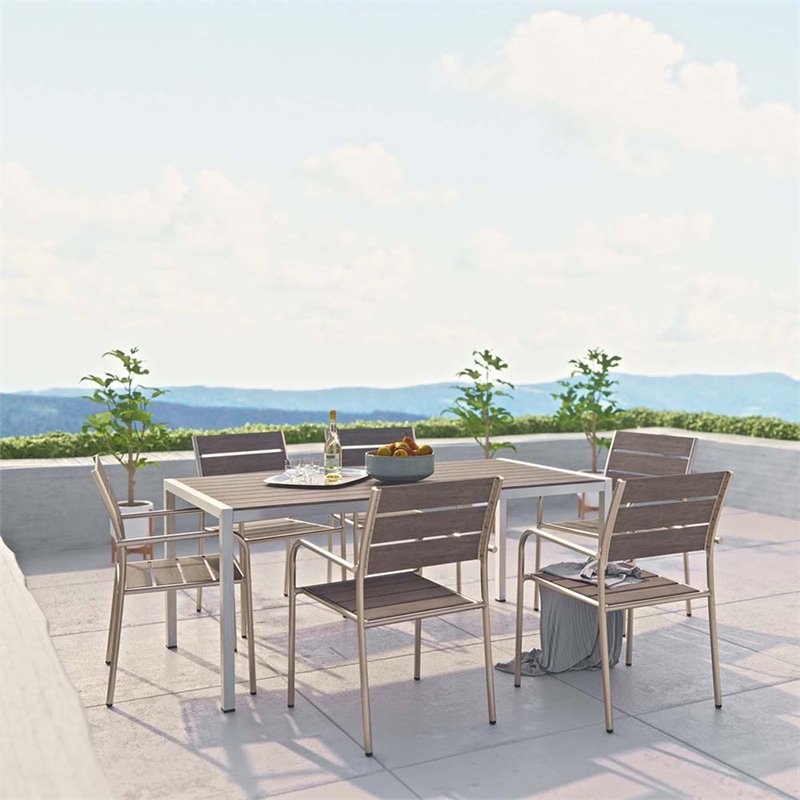 Modway Shore 7-Piece Outdoor Patio Wood and Aluminum Dining Set in Silver/Gray