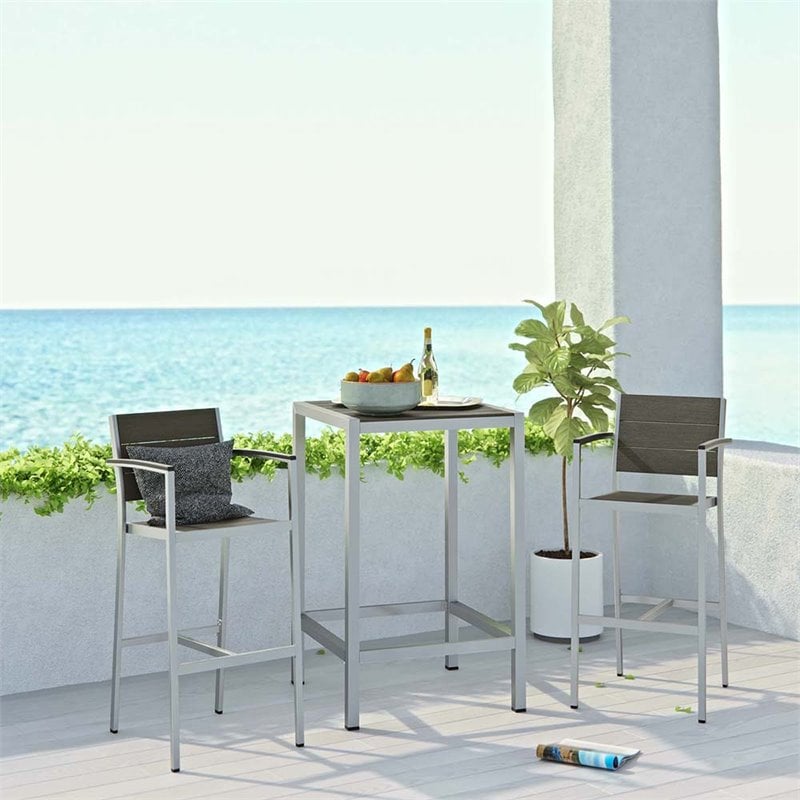 Modway Shore 3-Piece Wood & Aluminum Patio Pub Set in Silver and Gray