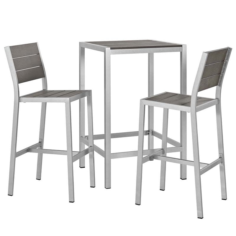 Modway Shore 3-Piece Wood & Aluminum Patio Pub Set in Gray and Silver