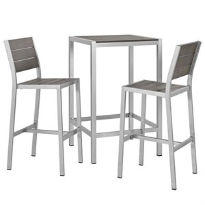 Modway Shore 3-Piece Wood & Aluminum Patio Pub Set in Gray and Silver