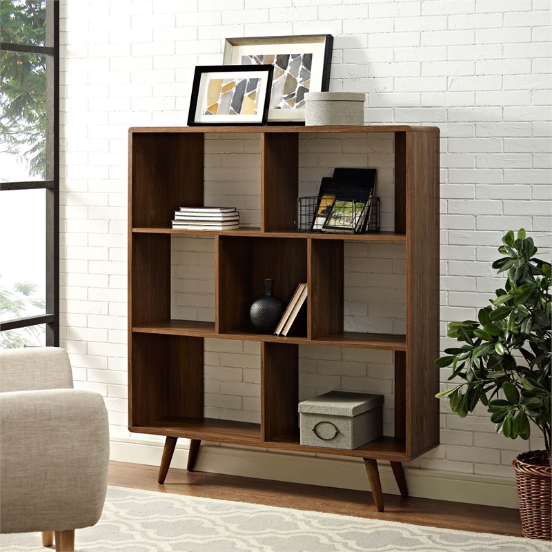 Modway Transmit Modern Particleboard Wood Bookcase in Walnut