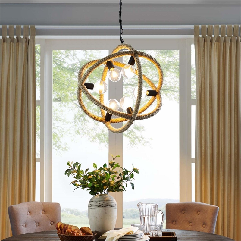 Modway Transpose 6-Light Metal & Rope Chandelier in Brown and Black