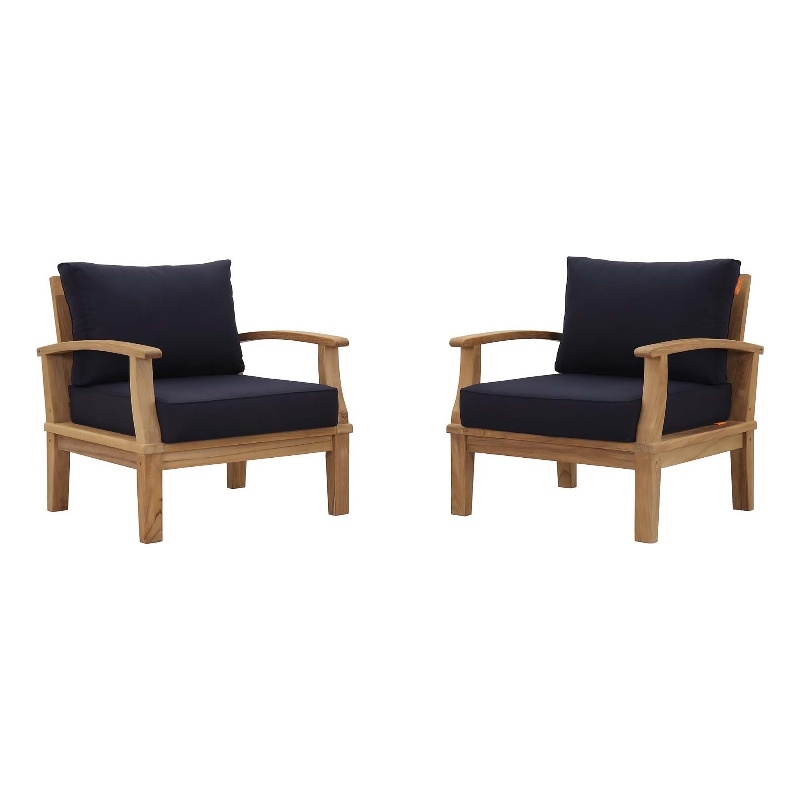 Modway Marina 2-Piece Solid Teak Wood Patio Sofa Sectional Set - Natural/Navy