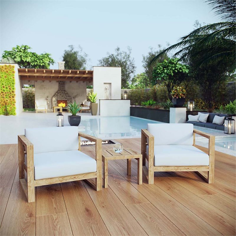 Modway Upland 3-Piece Teak Wood Patio Set with End Table in Natural/White