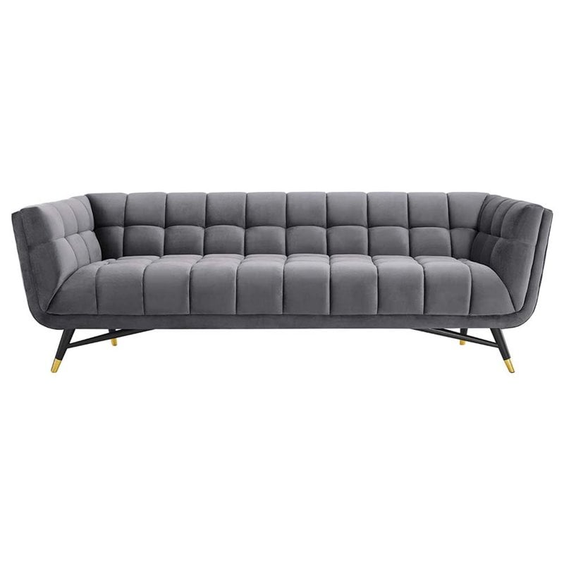 Modway Adept Performance Velvet Tufted Sofa in Gray and Black