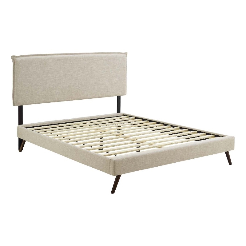 Modway Amaris Polyester Fabric Queen Platform Bed w/Round Splayed Legs in Beige