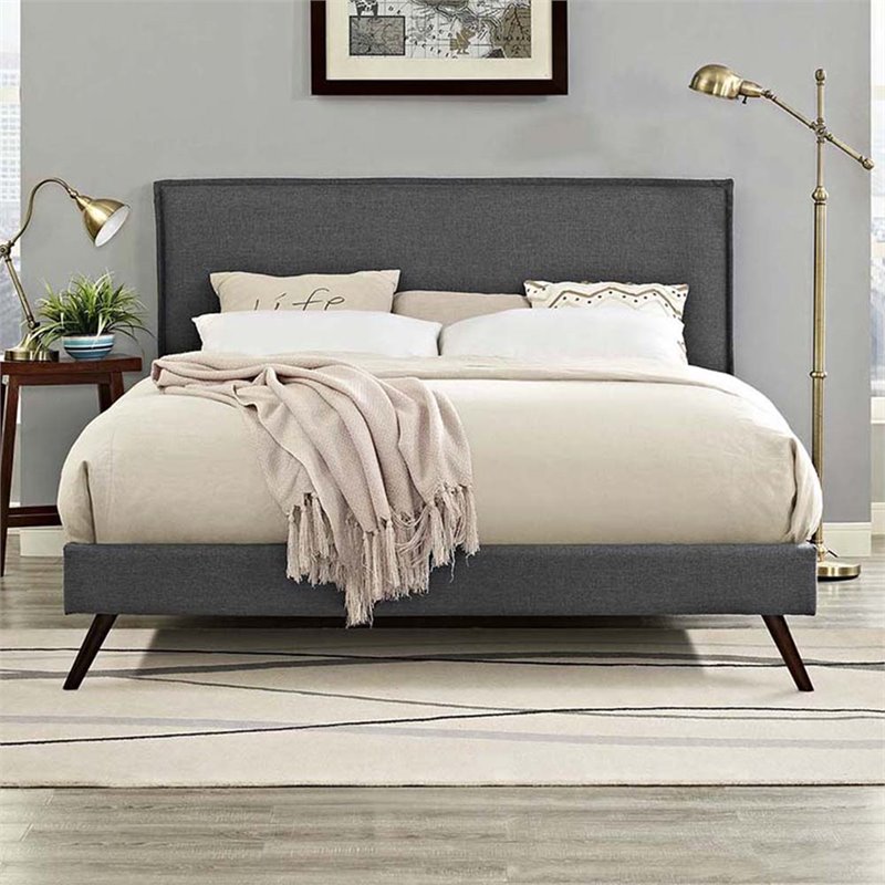 Modway Amaris Upholstered Queen Platform Bed Frame in Gray With Splayed Legs