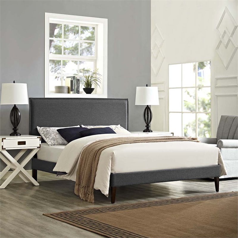 Modway Amaris Upholstered Queen Platform Bed Frame in Gray With Tapered Legs