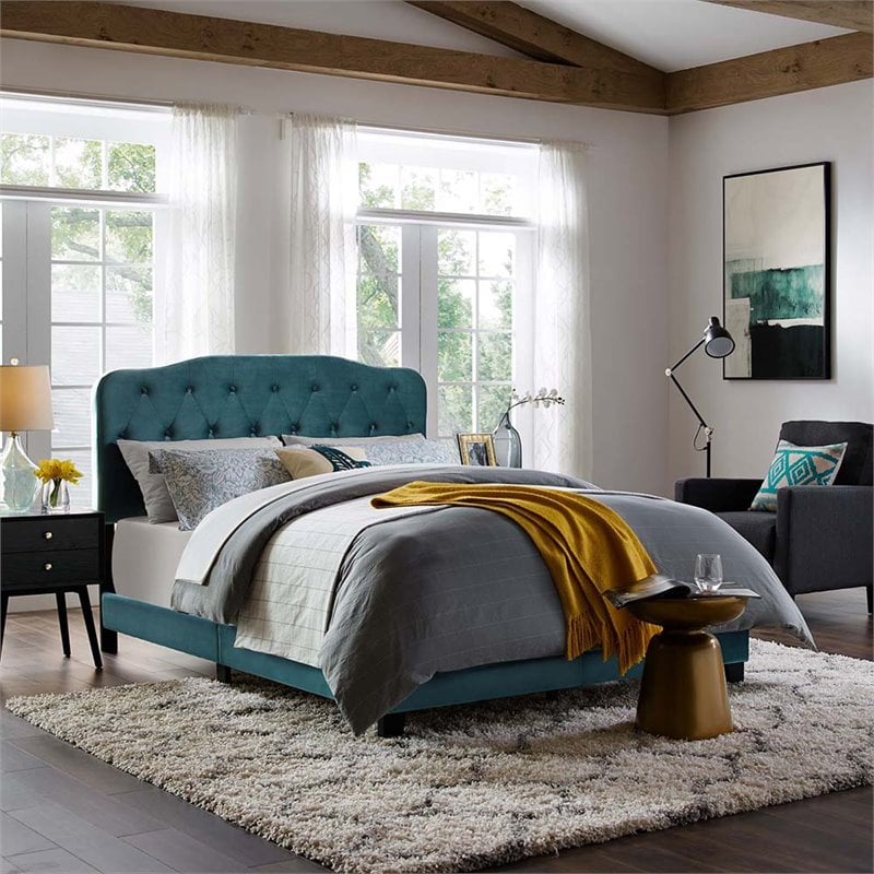 Modway Amelia Queen Modern Style Performance Velvet Bed in Sea Blue Finish