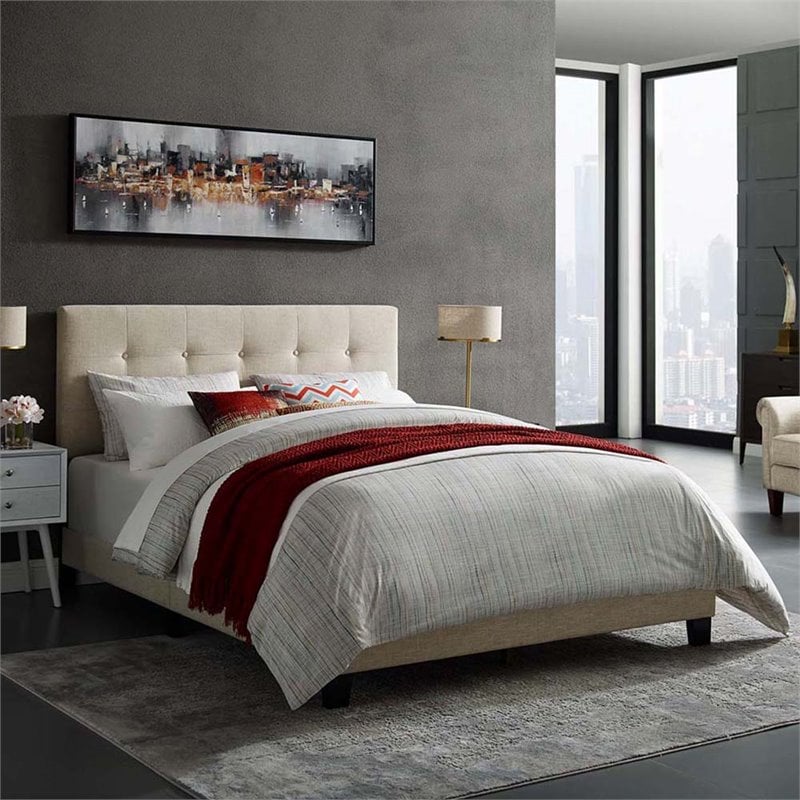 Modway Amira Queen Modern Upholstered Polyester Fabric Bed in Beige