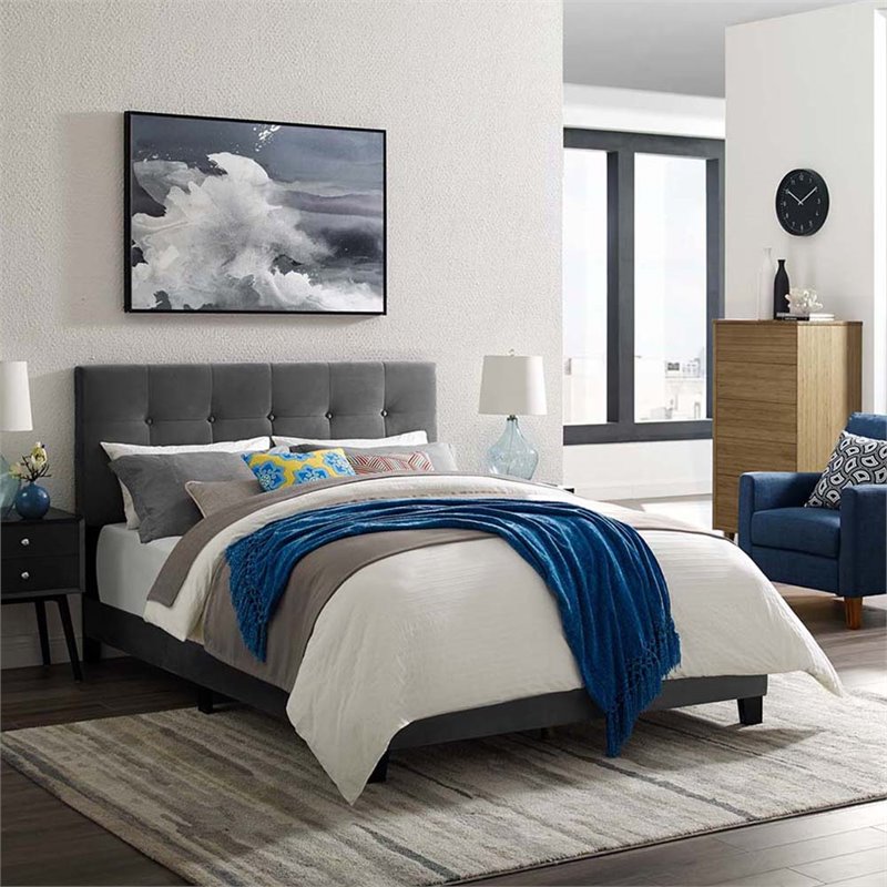 Modway Amira Full Modern Style Performance Velvet Bed in Gray