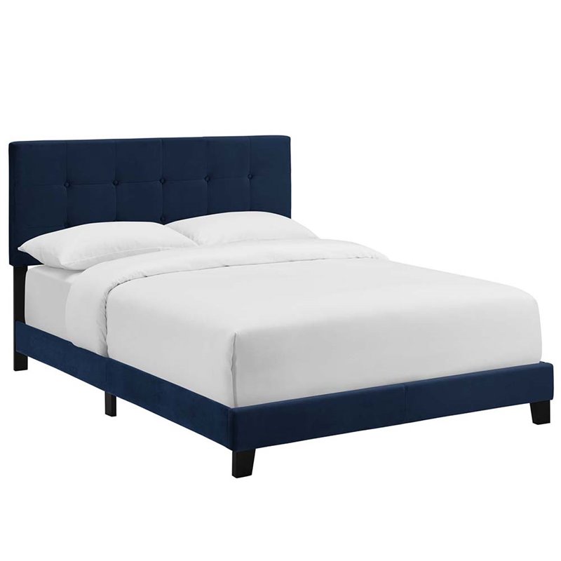 Modway Amira Full Modern Style Performance Velvet Bed in Midnight Blue
