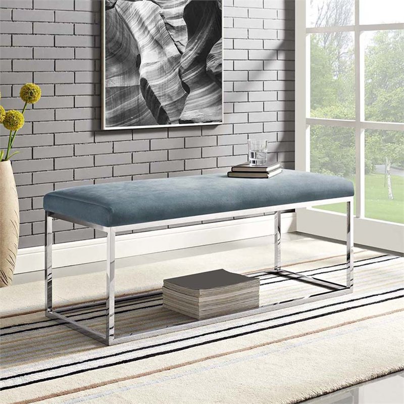Modway Anticipate Velvet & Stainless Steel Bench in Sea Blue and Silver