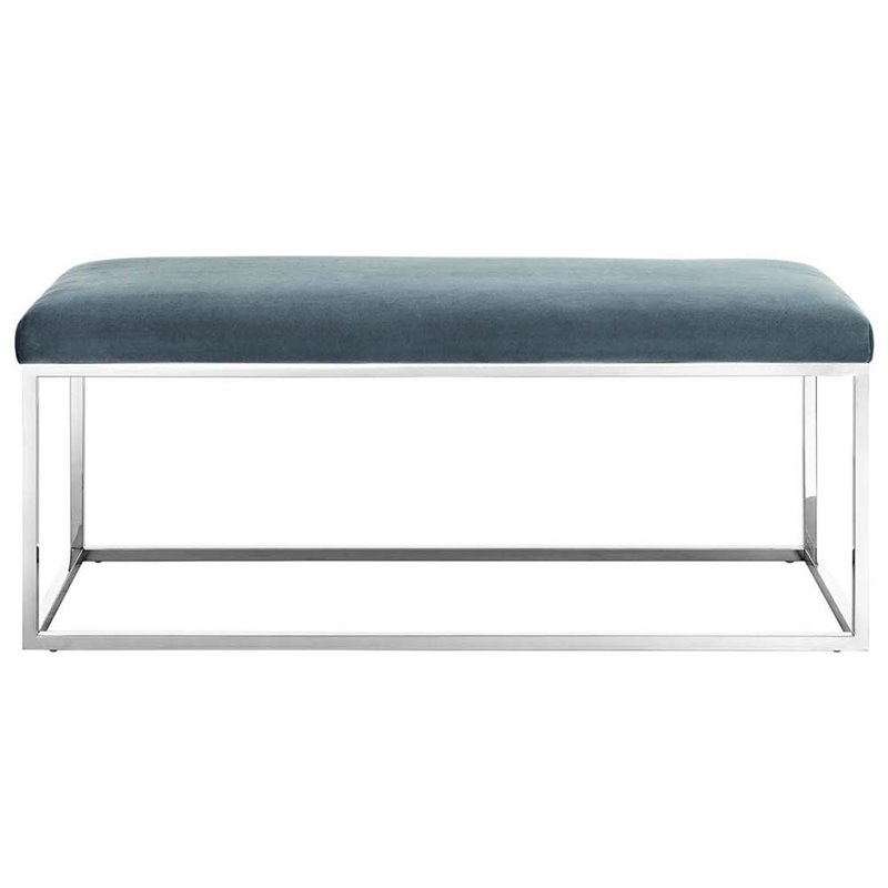 Modway Anticipate Velvet & Stainless Steel Bench in Sea Blue and Silver