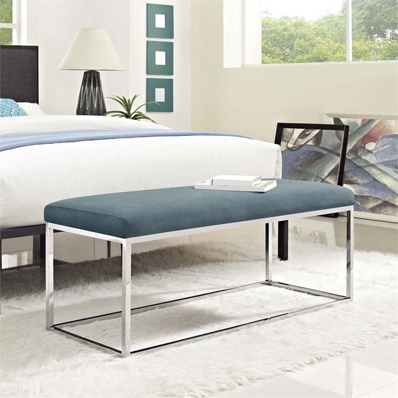 Modway Anticipate Velvet & Stainless Steel Bench in Sea Blue and Silver