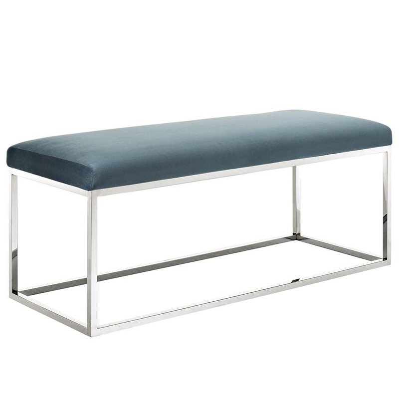 Modway Anticipate Velvet & Stainless Steel Bench in Sea Blue and Silver