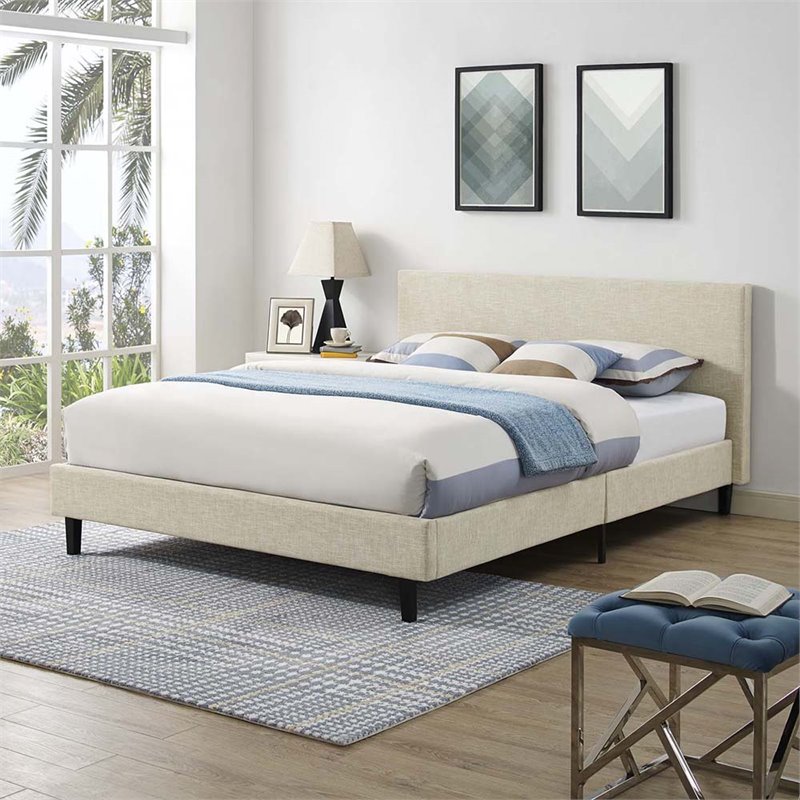 Modway Anya Full Modern Style Polyester Fabric Bed in Beige Finish