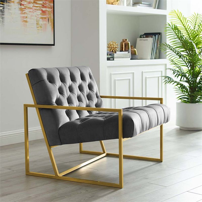 Modway Bequest Tufted Performance Velvet Armchair in Gray & Gold