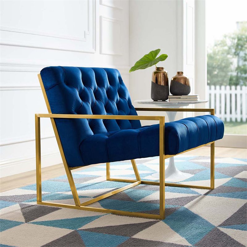Modway Bequest Tufted Performance Velvet Armchair in Navy & Gold
