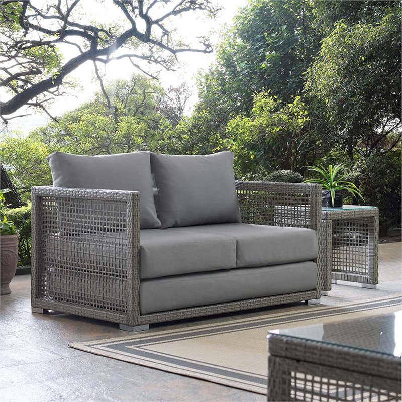 Modway Aura Modern Rattan & Fabric Outdoor Patio Loveseat in Gray