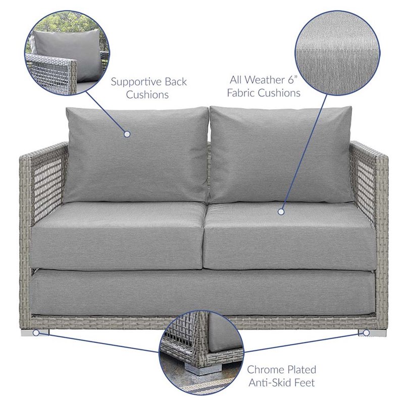 Modway Aura Modern Rattan & Fabric Outdoor Patio Loveseat in Gray